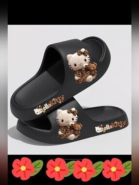 ello Kitty Black Slide Sandals Character Graphics Size 38-39 NEW in Package